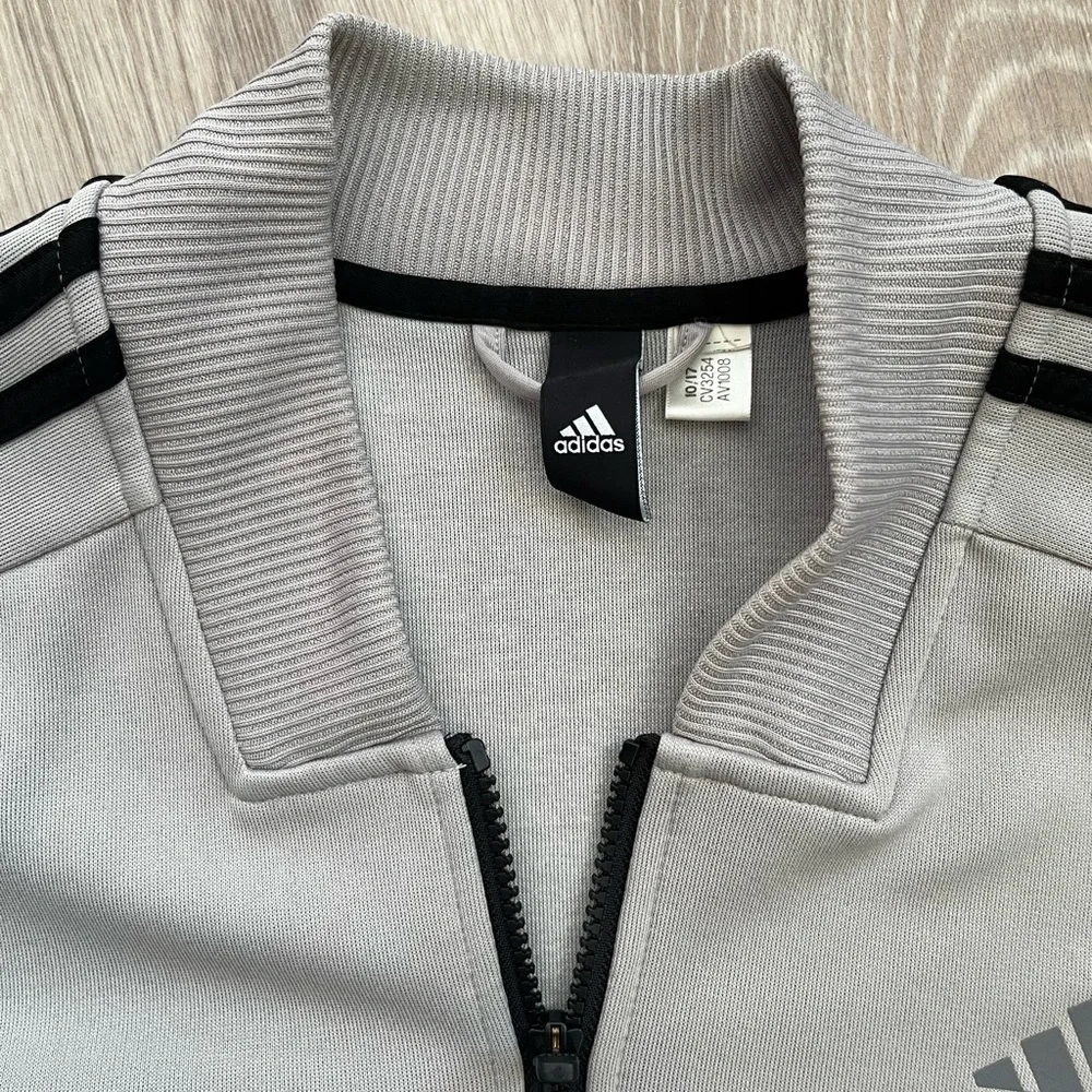 Adidas Men's Gray Zip-Up Sweater with Black Stripes